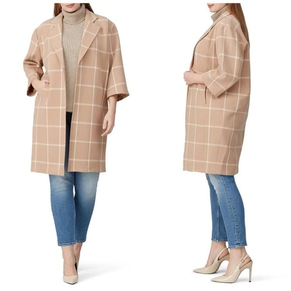 Toccin Nude & White Windowpane 3/4 Sleeve Fully Lined Mid Length Topper Coat  L - Picture 1 of 9